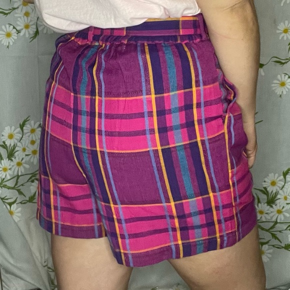 Vintage 80s jewel tone madras plaid high waisted paper bag loose fit mom shorts - Picture 3 of 6